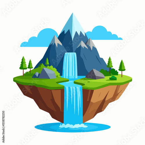 Floating island with a mountain waterfall rocks and scattered trees against a backdrop of clouds