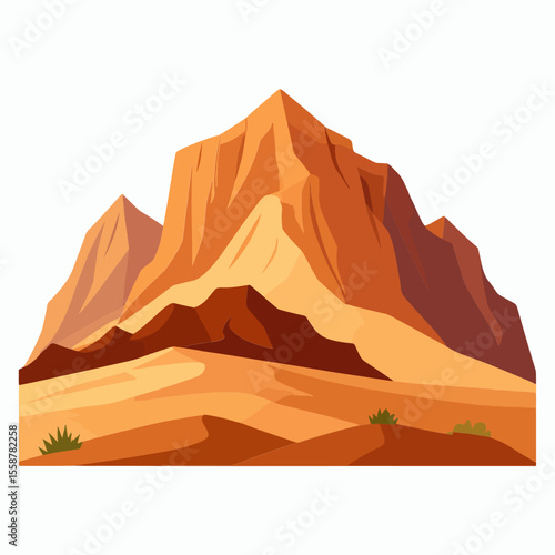 A desert landscape with tall reddish mountains and sparse green vegetation