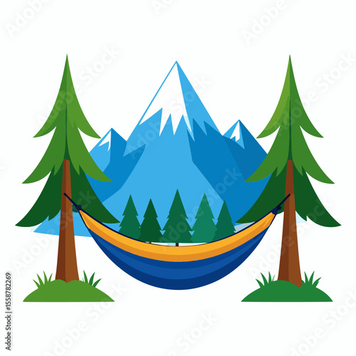 Hammock strung between trees with snowy mountains in the background