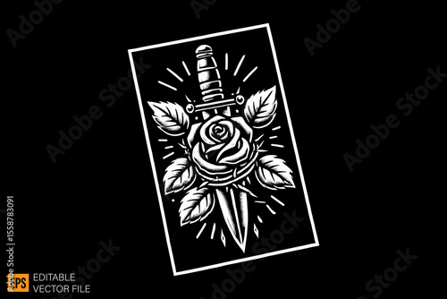 knife and rose dark horror art illustration design black and white backgroud templates