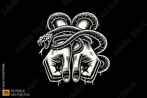 hand tied by snake dark horror art illustration design black and white backgroud templates