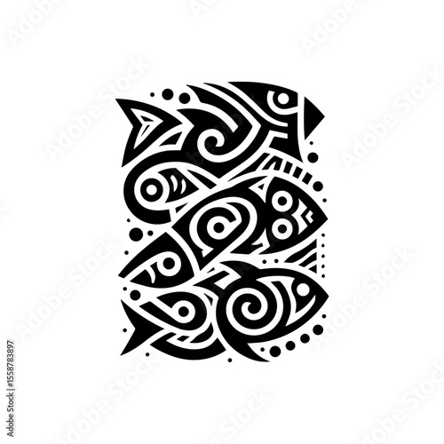 Simple tribal fish pattern in black, flat color, white background