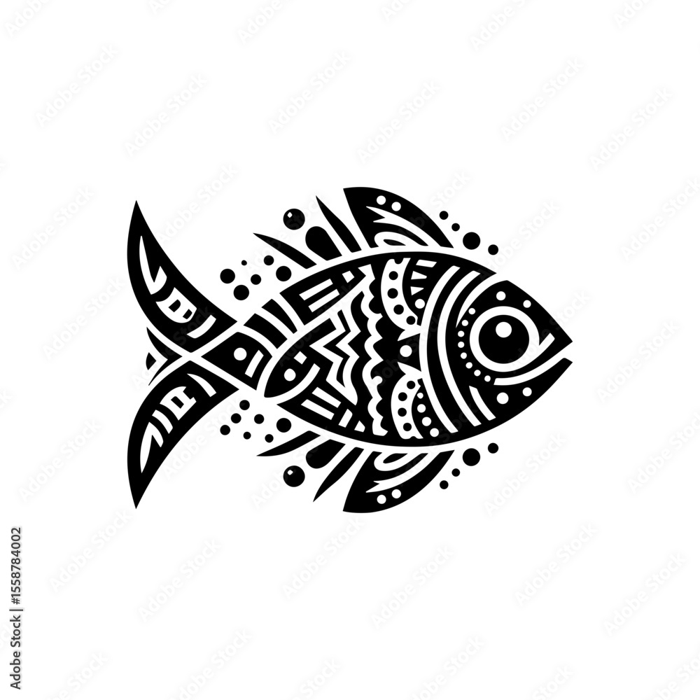 Obraz premium Simple tribal fish pattern in black, flat color, white background