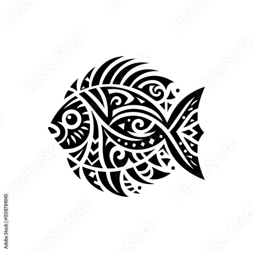Simple tribal fish pattern in black, flat color, white background