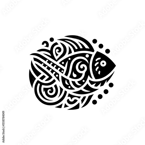 Simple tribal fish pattern in black, flat color, white background