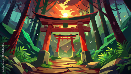 Wooden torii gate seen from below, its deep red beams glowing in the filtered forest light. Paper wishes flutter softly, tied to branches beside stone lanterns covered in moss.

