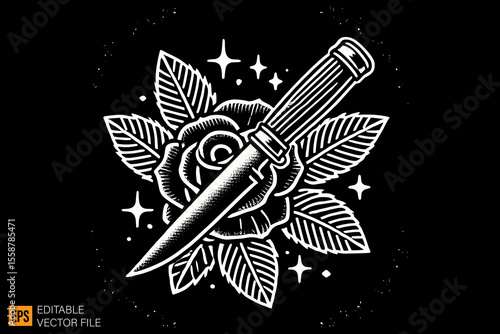knife and rose dark horror art illustration design black and white backgroud templates