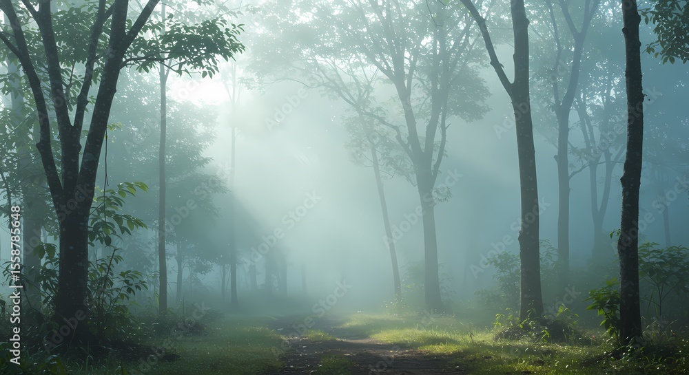 Obraz premium Misty Forest Path Sunbeams Through the Fog