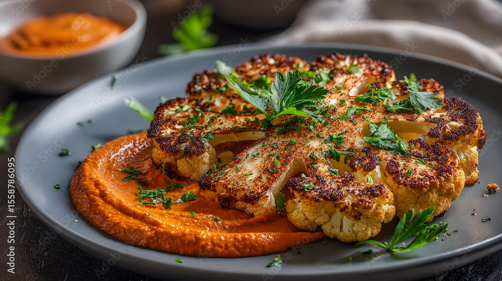 Cauliflower steak served on creamy sauce garnished with herbs Cauliflower steak served on creamy sauce garnished with herbs