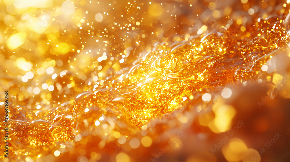 Naklejka premium Glimmering Amber Liquid Surface with Bokeh and Light Reflections