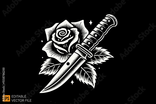 knife and rose dark horror art illustration design black and white backgroud templates