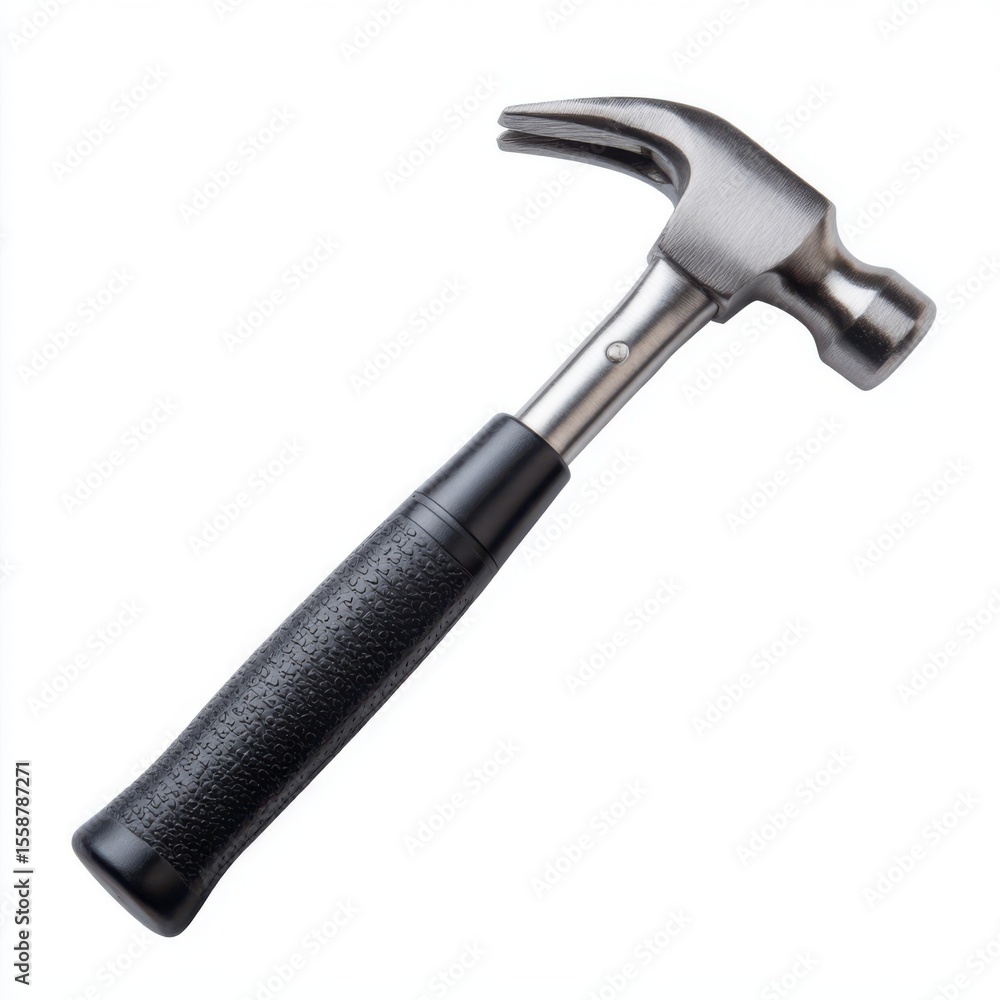 A high angle studio shot of a new steel hammer with a black handle A high angle studio shot of a new steel hammer with a black handle