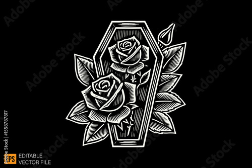 a funerary box coffins dark horror art illustration design black and white backgroud templates