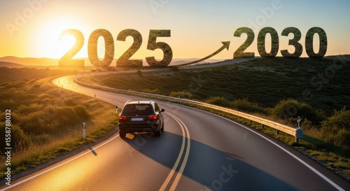 Driving towards the future car journey on scenic road from 2025 to 2030 at sunset