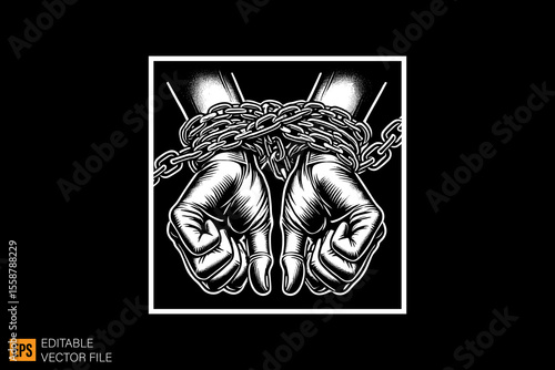 hand tied by rope dark horror art illustration design black and white backgroud templates