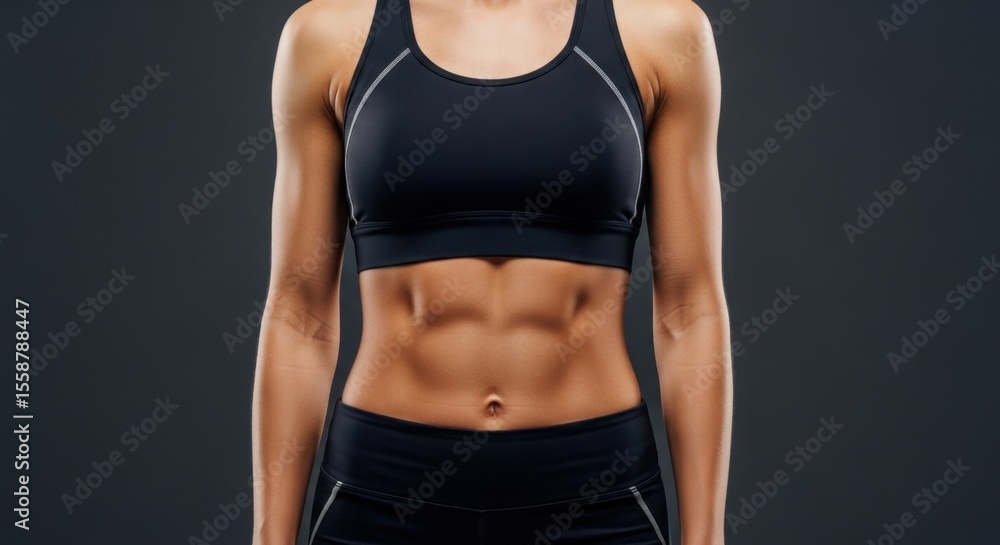 © Angelo - Fitness action woman showcasing defined abs in studio setting fitness photography dramatic lighting