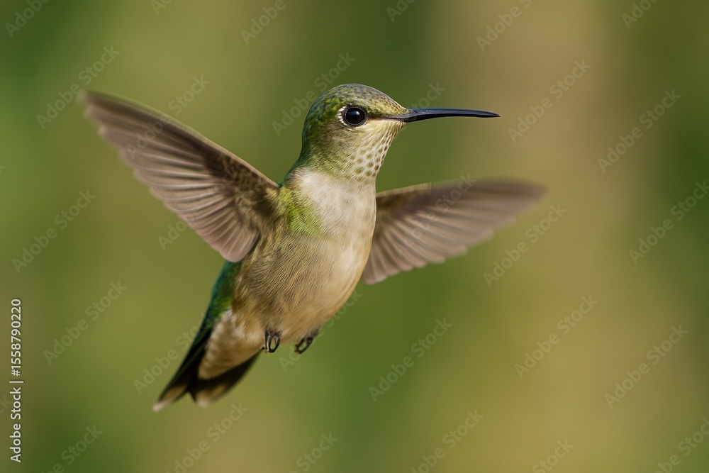 Obraz premium Tiny hummingbird flying in natural habitat. Wild bird hovering with spread wings. Delicate creature in motion, representing agility and freedom.