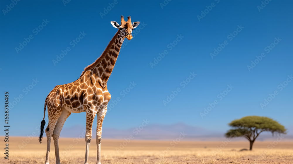 Obraz premium A tall giraffe gracefully walking across the savannah at sunset 