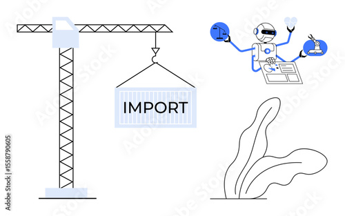 Crane hoisting import container, robot performing tasks with tech tools, and simple plant accent. Ideal for trade, automation, technology, logistics, AI business and modern productivity. Minimal