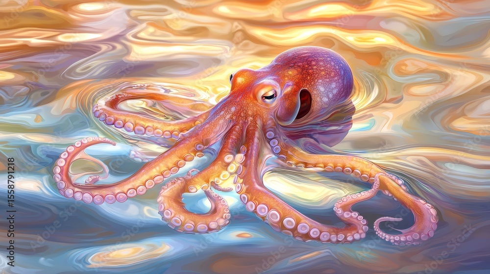 Fototapeta premium Vibrant Octopus Swimming in Colorful Swirling Ocean Waters