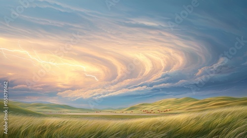 Dramatic Skies Over Rolling Fields with Lightning and Golden Light