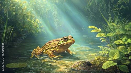 Serene Frog Sitting on Lily Pad in Lush Green Pond Environment