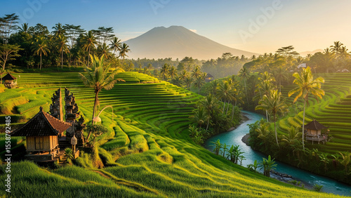 Stunning Sunrise over Lush Rice Terraces and Serene River in Bali