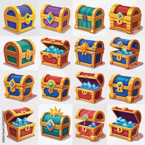 Collection of colorful fantasy treasure chests filled with sparkling blue gems and jewels