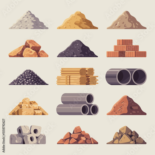 Collection of construction materials including piles of sand gravel and bricks