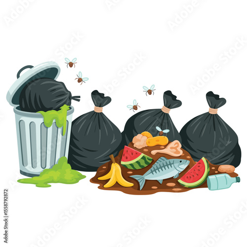Overflowing trash can and garbage bags with rotting food and flies