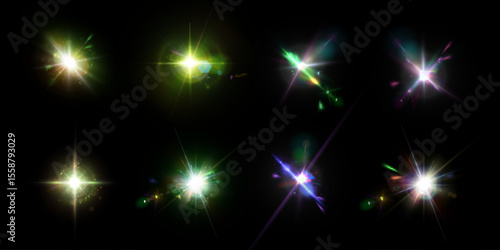 Shining vector bright green light effects isolated on dark background, glare, stars, bright light particles. Adobe Illustrator Artwork