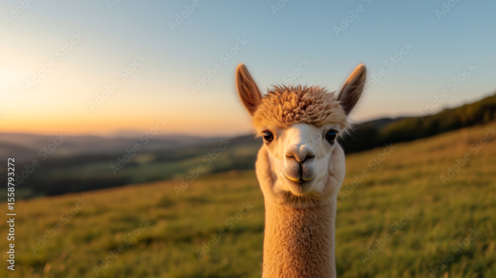 Obraz premium A fluffy alpaca llama standing in a grassy field again green mountains and blue sky 