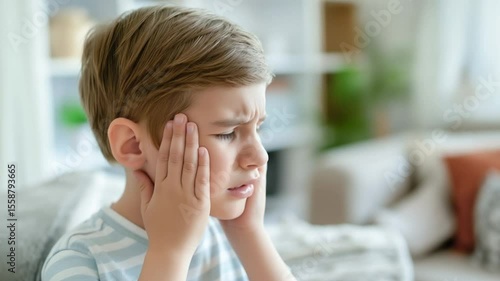 Sad little boy holding his head suffering from migraine. Headache in children. home interior with copy space