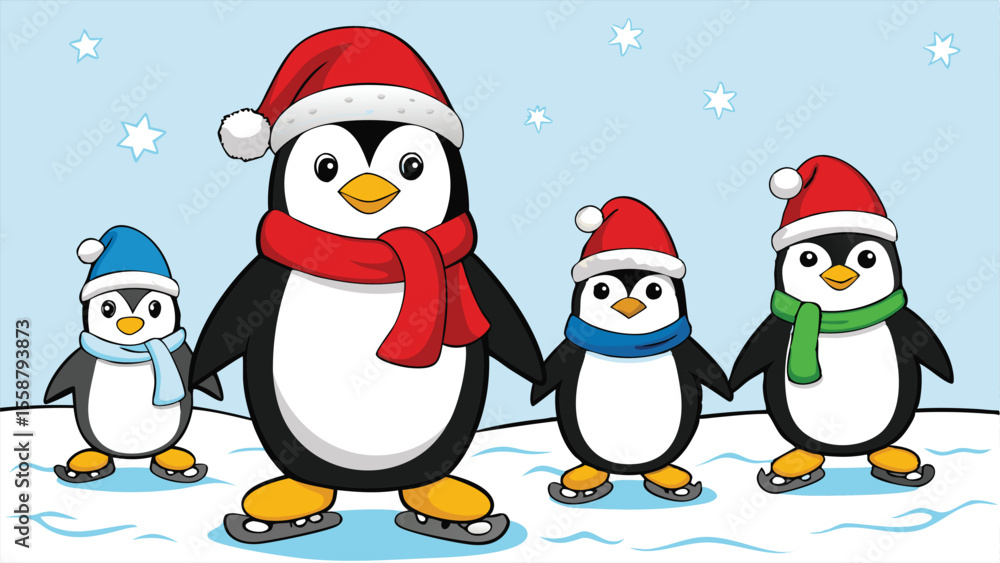 Fototapeta premium Cute Penguin Family Ice Skating In Santa Hats.