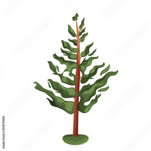 Fir tree standing tall in the wilderness isolated. Vector evergreen plant and nature symbol. Needle branch flora. Coniferous forest or wood, park element. New year and Christmas timber. Outdoor scene.