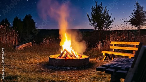 Night campfire burning brightly in the backyard under starry night sky 