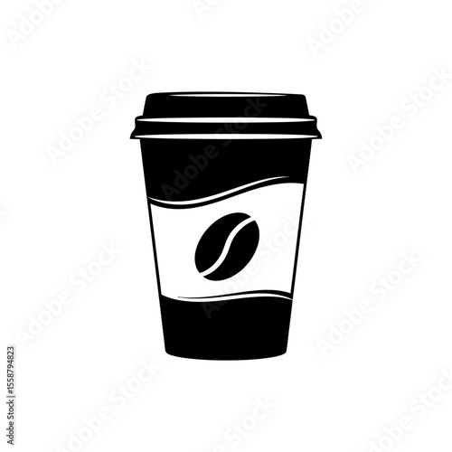 A black and white vector illustration of a disposable coffee cup with a coffee bean symbol on it