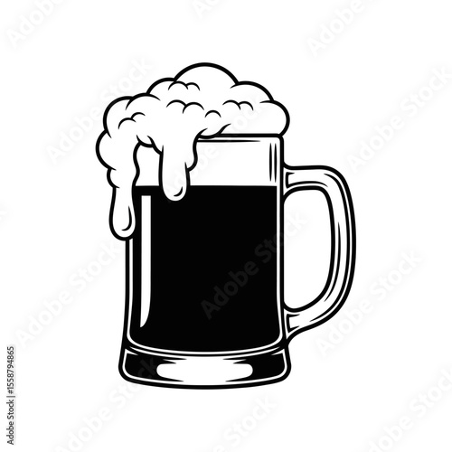A black and white illustration of a beer mug filled with dark liquid and overflowing foam on top