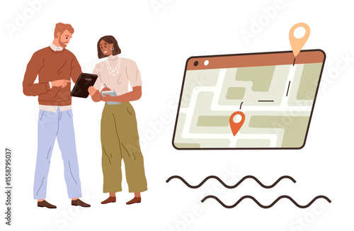 Two people reviewing a tablet displaying a digital map with location markers, pathways, and routes. Ideal for navigation, teamwork, strategy, location services, planning, logistics urban