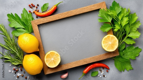 Fototapeta Naklejka Na Ścianę i Meble -  Abundant harvest, fresh vegetables and fruits arranged on a rustic wooden frame fresh