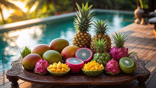 Fototapeta Naklejka Na Ścianę i Meble -  A colorful arrangement of tropical fruits on a decorative wooden tray near a pool.