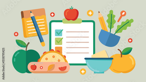 Healthy Lifestyle Checklist: A vibrant illustration showcasing a checklist, healthy food, and stationery items, representing a plan for a healthy lifestyle. 
