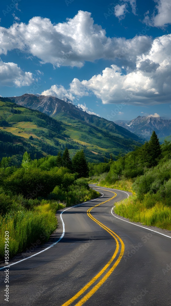 Winding asphalt highway through the Canadian mountains on a clear summer day with a vast sky and forested landscape Winding asphalt highway through the Canadian mountains on a clear summer day with a vast sky and forested landscape