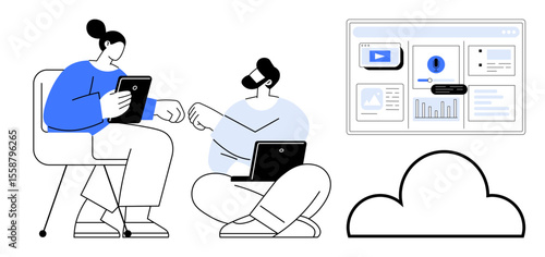 Two people collaborating with tablet and laptop, viewing cloud-based digital dashboard. Ideal for teamwork, remote work, technology, cloud computing, data sharing, innovation modern workplace. A