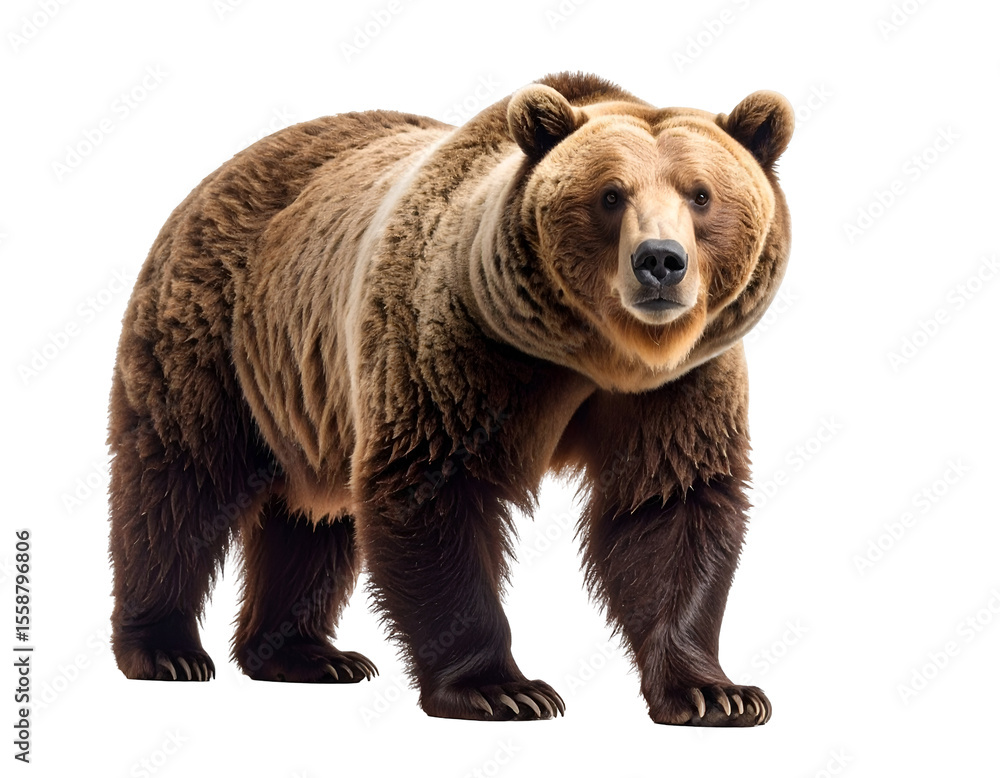 Fototapeta premium A powerful grizzly bear stands tall, its gaze fixed forward, embodying wild strength.