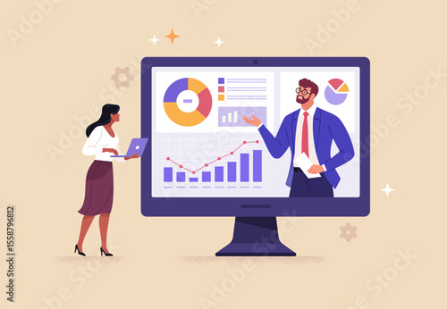 Online Business Analytics Concept. Vector cartoon illustration of a video conference of two people discussing information graphics. Isolated on background.