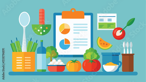 Healthy Culinary Blueprint: An illustrated arrangement of fresh produce, essential kitchen tools, and a food analysis chart, representing the harmony of healthy eating and nutritional insight.