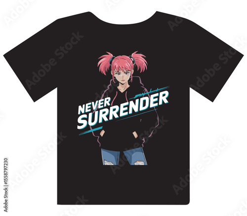Never Surrender Anime Girl T Shirt Design with Cyberpunk Style