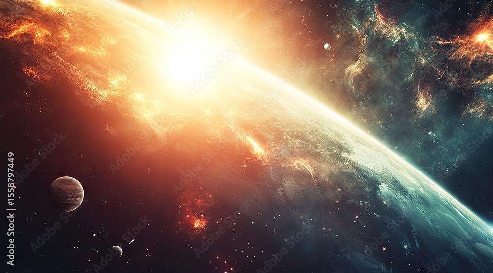 Obraz premium Fiery sunrise over Earth from space, showing planets and nebula.