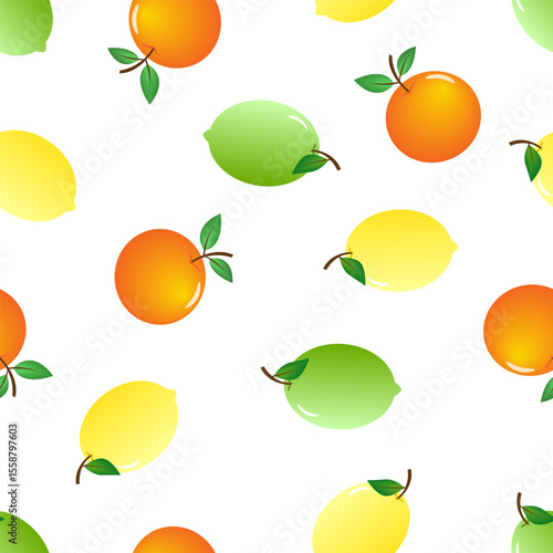 Seamless pattern of various citrus fruits including lemons, oranges, and limes,  on white background. Often used for various decorative purposes.